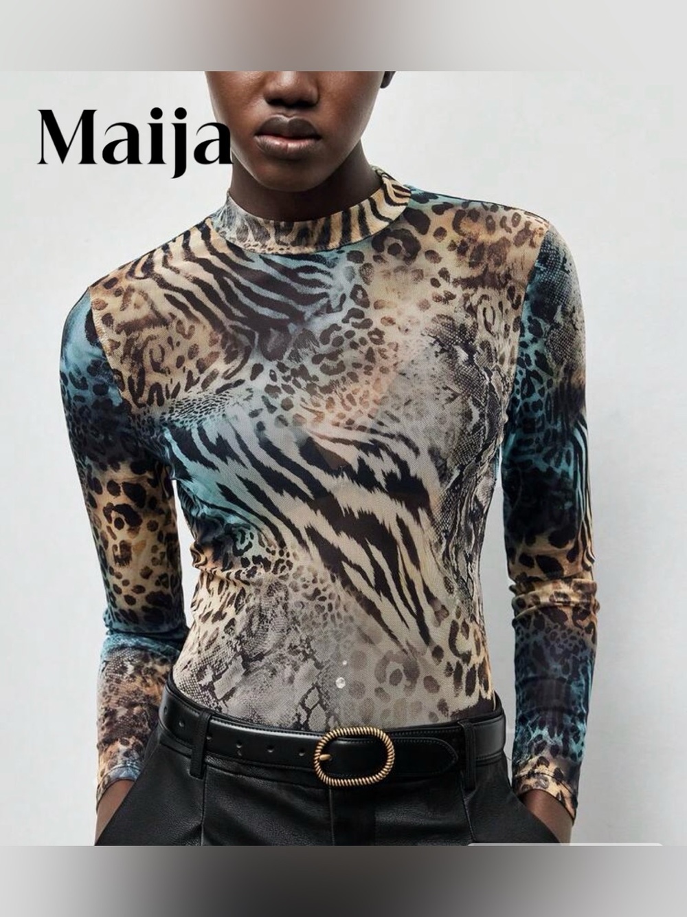 Women's Long Sleeve Animal Print Mesh Tee in Multicolor